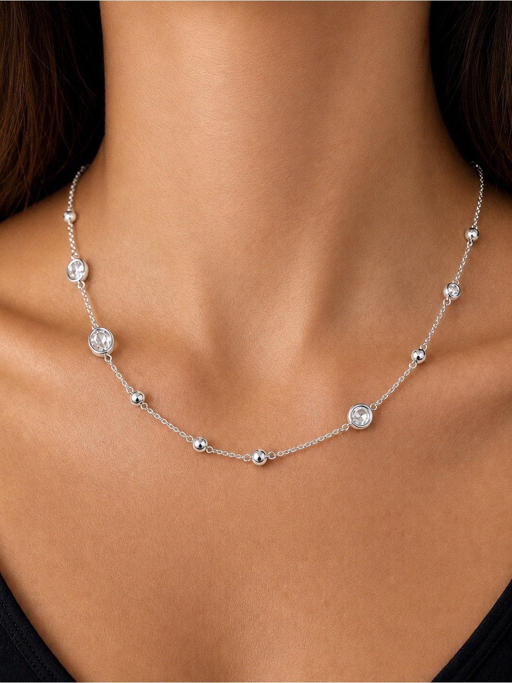 Sterling Silver Bezel Set 5 Station Chain Pendant PRETTY